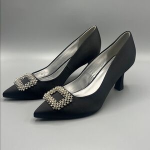 Nine West Black Satin Heels with Rhinestone Embellishment